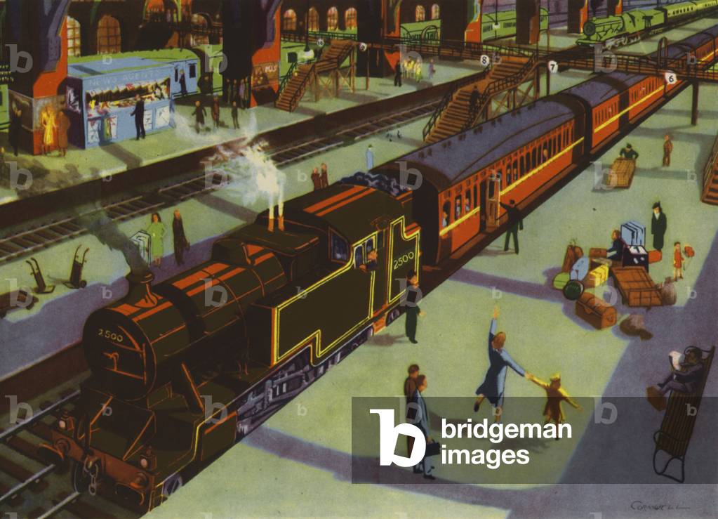 In the station (colour litho)