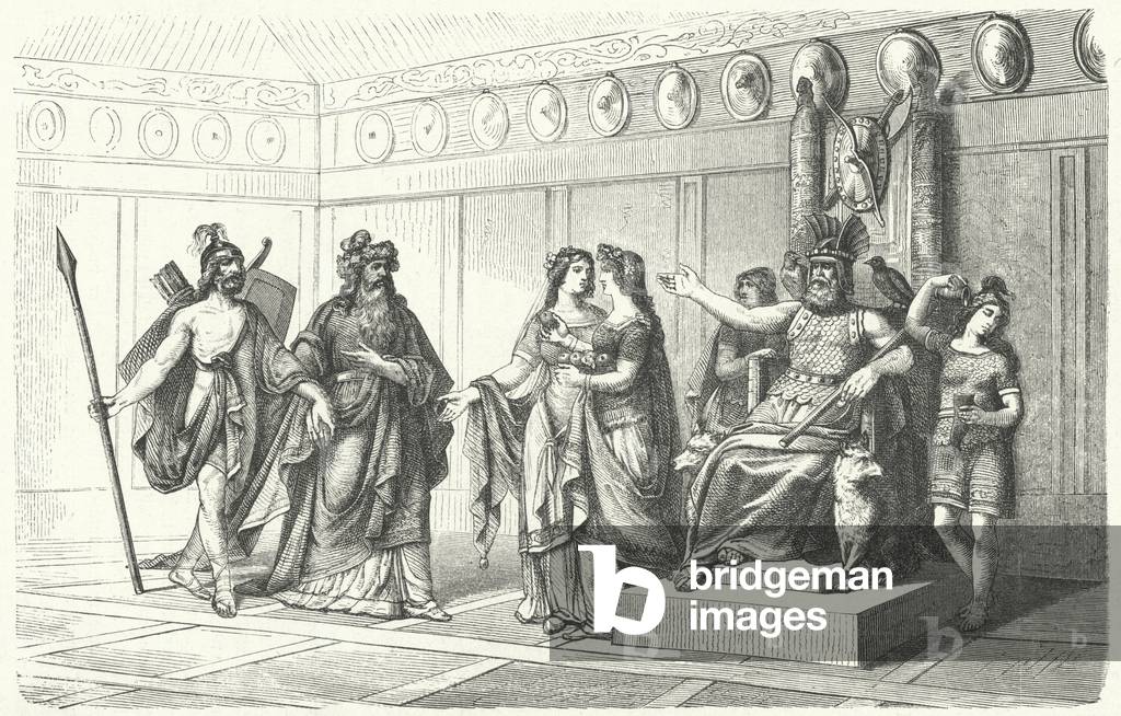 Wotan receiving the musicians introduced by Bragi, the god of poetry and song (engraving)