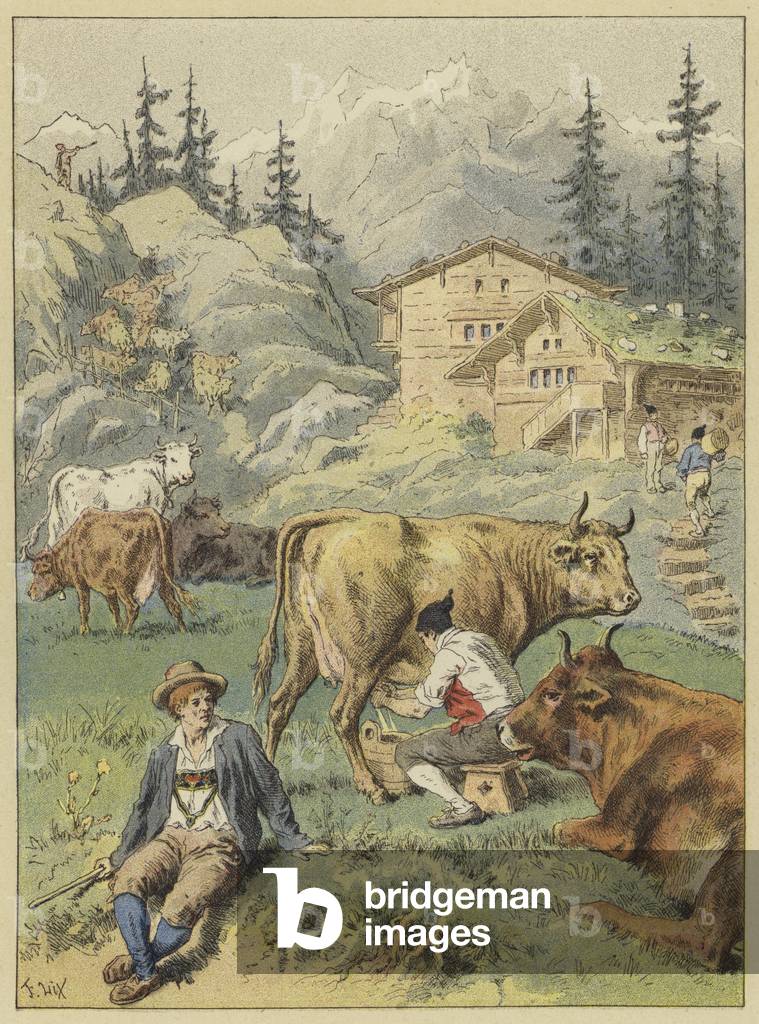 La traite du soir pres des chalets (colour litho)
