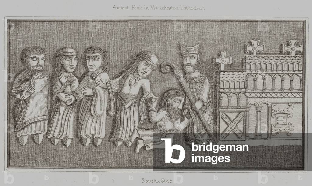 Ancient Font in Winchester Cathedral, South Side (engraving)