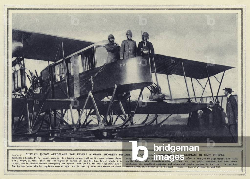 Russia's 3 1/2-ton aeroplane for eight! A giant Sikorsky Biplane, one of which bombarded the Germans in East Prussia (b/w photo)
