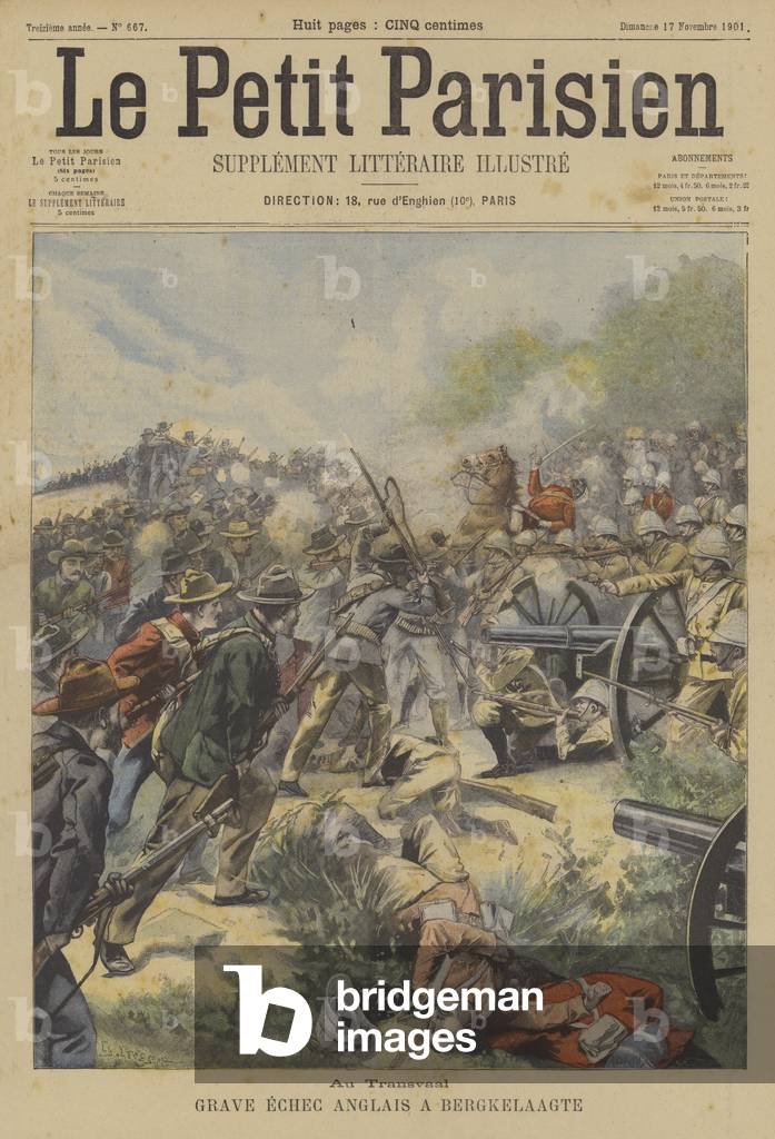 Serious defeat for the British by the Boers at Bergkelaagte, South Africa, 1901 (colour litho)