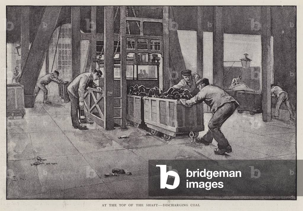 Discharging coal at the top of a mine shaft (litho)