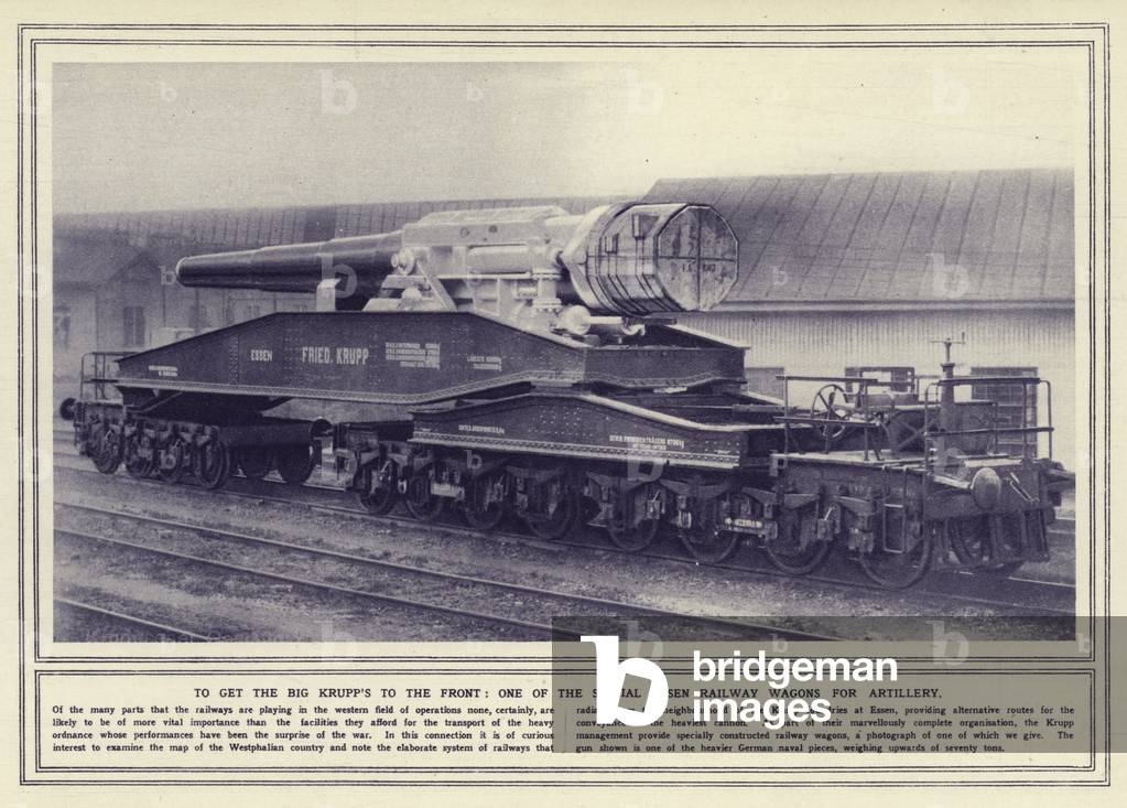 To get the big Krupp's to the front, one of the special Essen railway wagons for artillery (b/w photo)