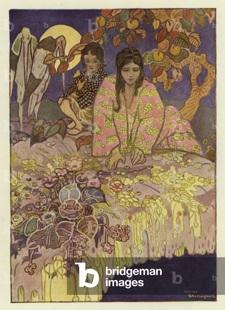 The girl looked through the hole, and saw the earth far beneath her (colour litho)