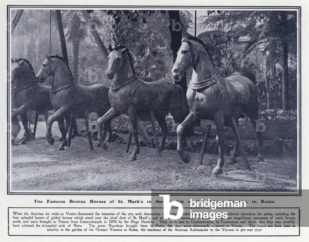 Bronze horses from St Mark's Basilica in Venice moved to the Garden of the Palazzo Venezia in Rome to protect them from Austrian air raids during World War I (b/w photo)