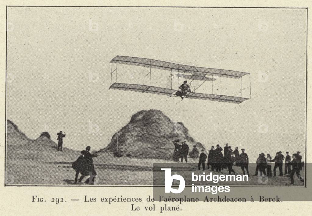 Les experiences de l'aeroplane Archdeacon a Berck, Le vol plane (engraving)