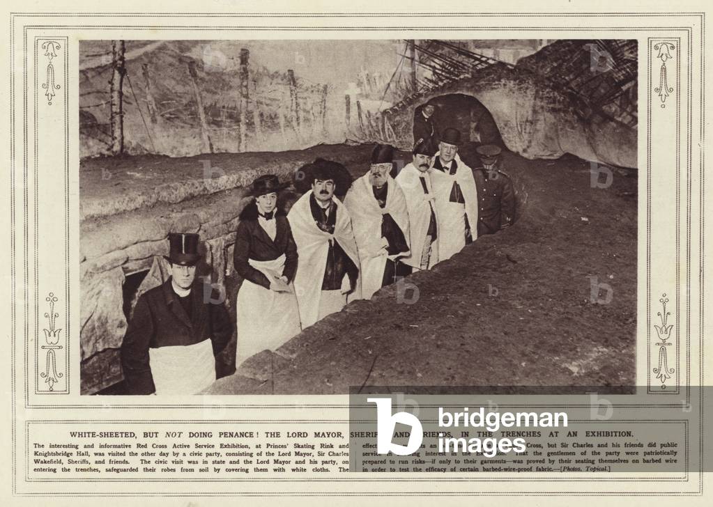 White-sheeted, but not doing penance! The Lord Mayor, Sheriffs and friends, in the trenches at an exhibition (b/w photo)