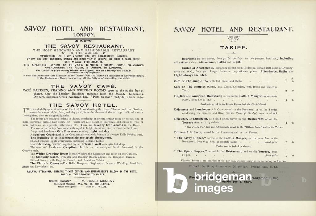 Savoy Hotel tariff, 1900 (litho)