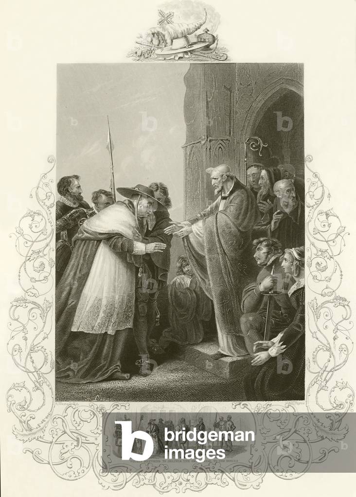 Cardinal Wolsey entering the Abbey of Leicester (engraving)
