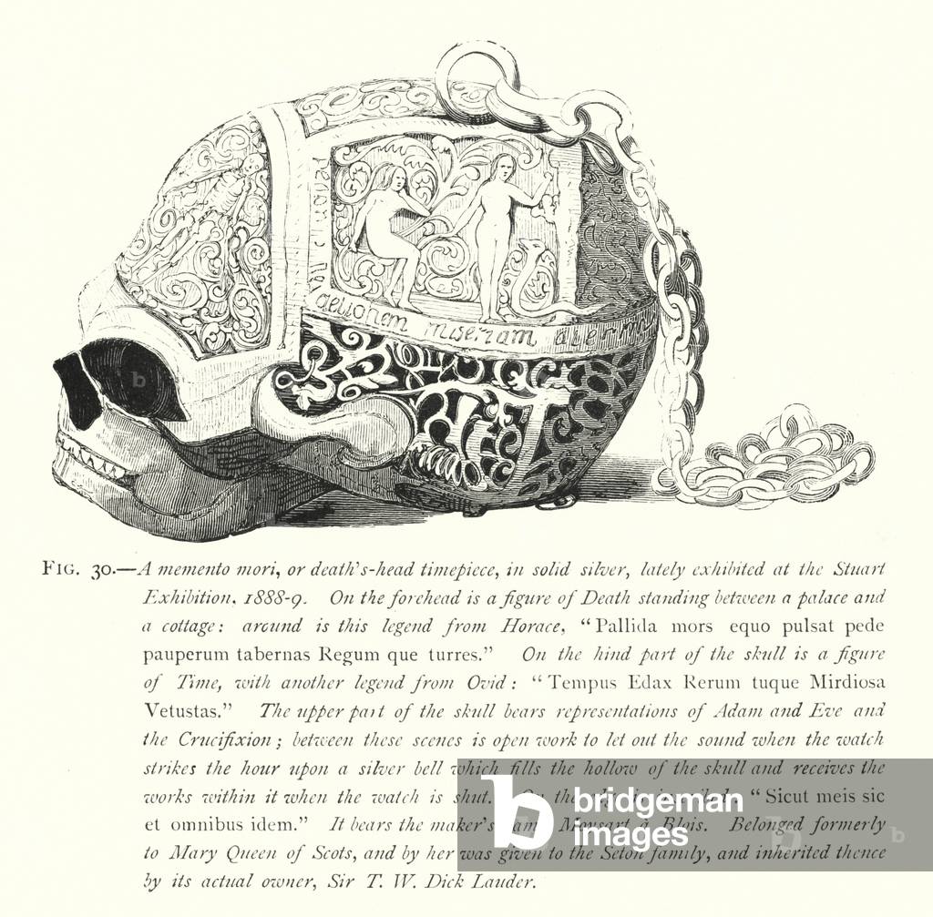 A memento mori, or death's-head timepiece, in solid silver, lately exhibited at the Stuart Exhibition, 1888-9 (engraving)