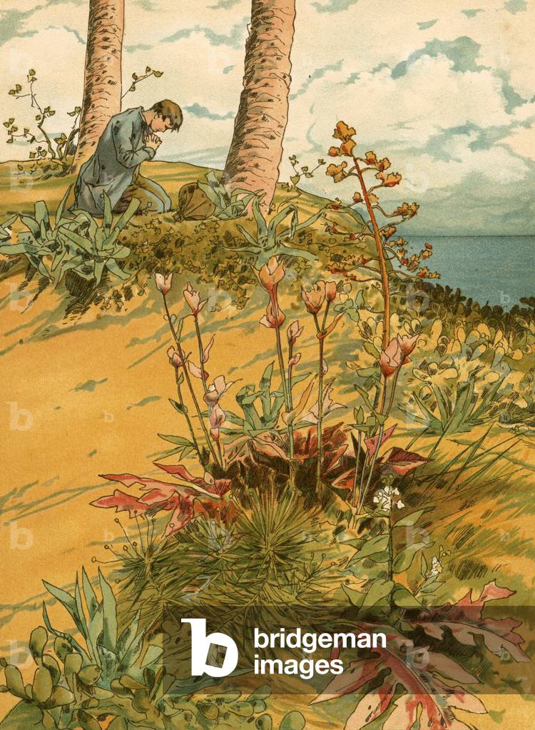 Robinson Crusoe at prayer in his 'church'