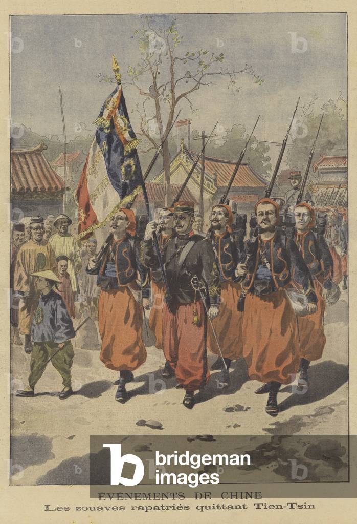 The Boxer Rebellion: French zouaves leaving for home from Tianjin (colour litho)