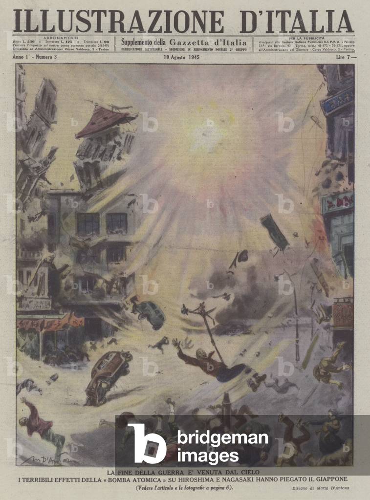 The dropping of the atom bombs on Hiroshima and Nagasaki, 1945 (colour litho)