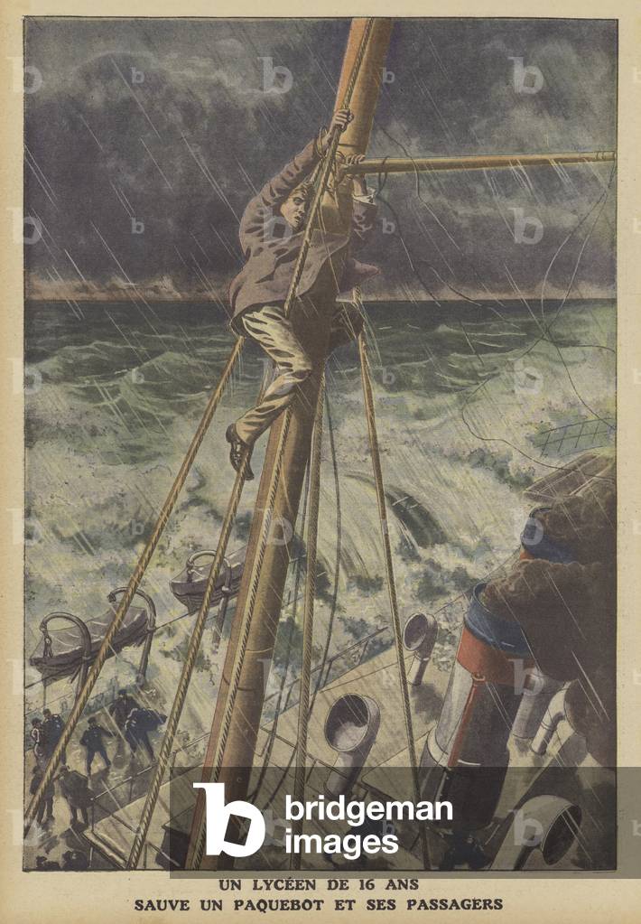 A 16 year-old schoolboy saving a boat and its passengers (colour litho)
