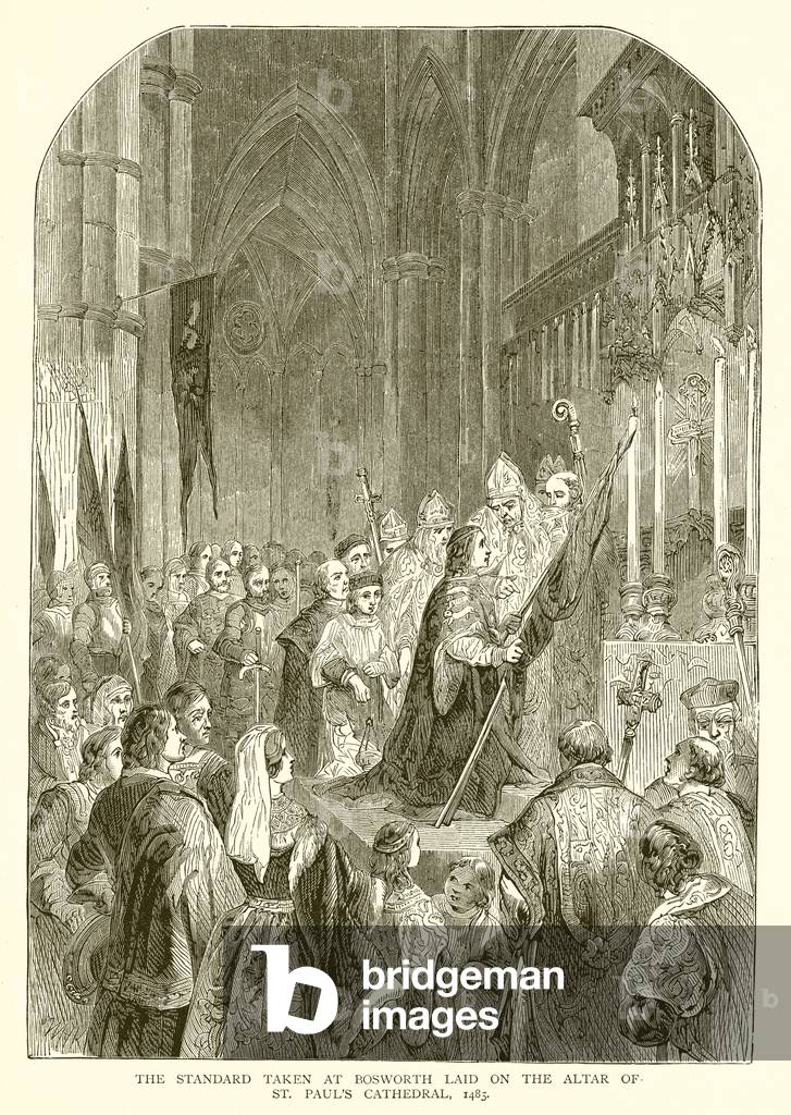 The Standard taken at Bosworth Laid on the Altar of St. Paul's Cathedral, illustration from 'The Historical Scrap Book', 1485 (engraving)