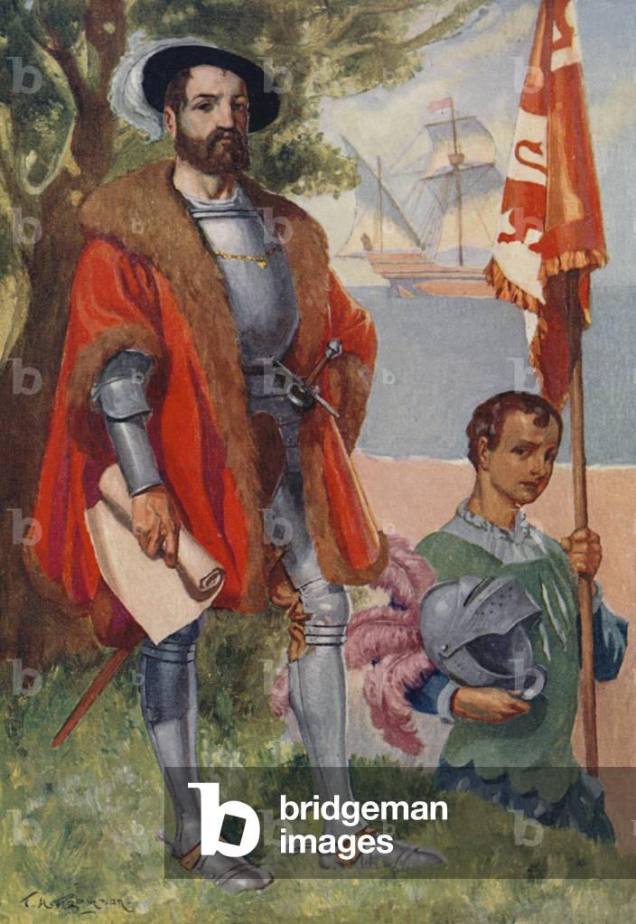 Hernan Cortes, Spanish conquistador (colour litho)
