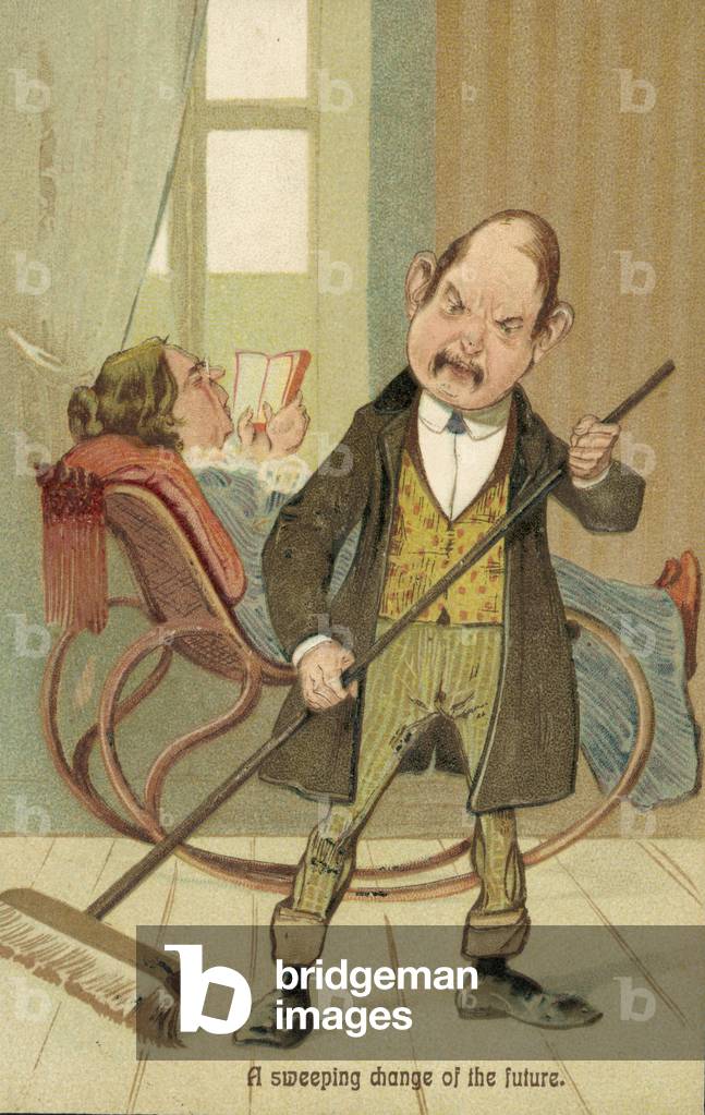 Role reversal: a husband sweeping the floor of his home while his wife relaxes in a rocking chair (colour litho)