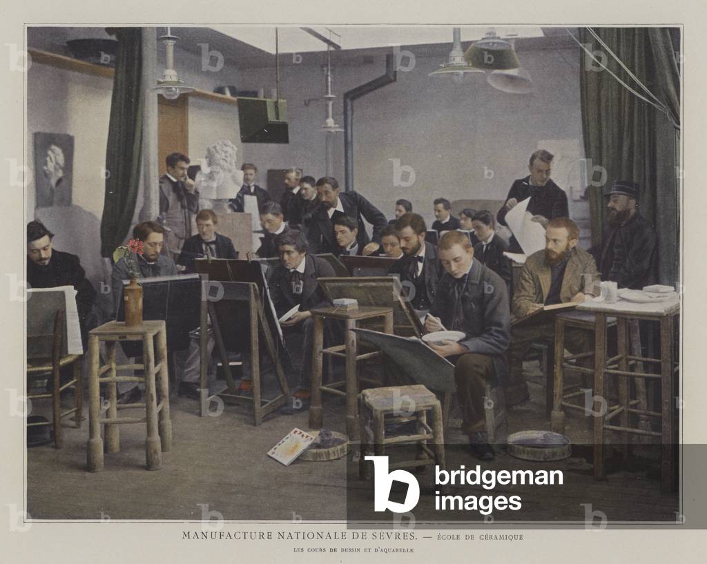 Drawing class in the ceramics school at the Sevres porcelain factory, France (colour photo)