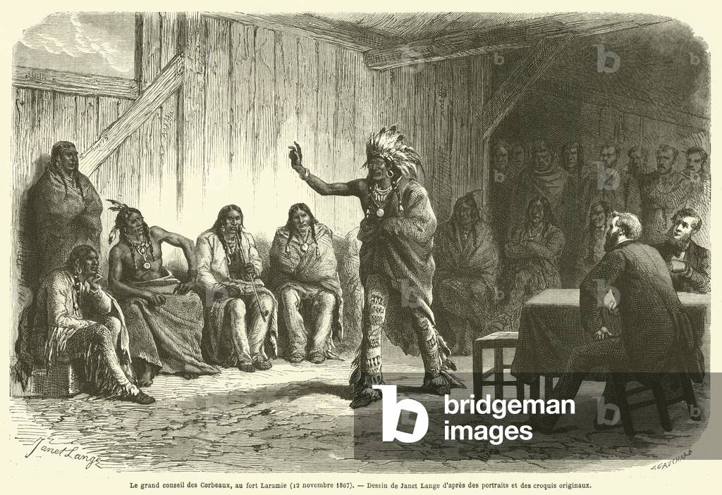 Le grand conseil des Corbeaux, au fort Laramie, 12 novembre 1867 (engraving)