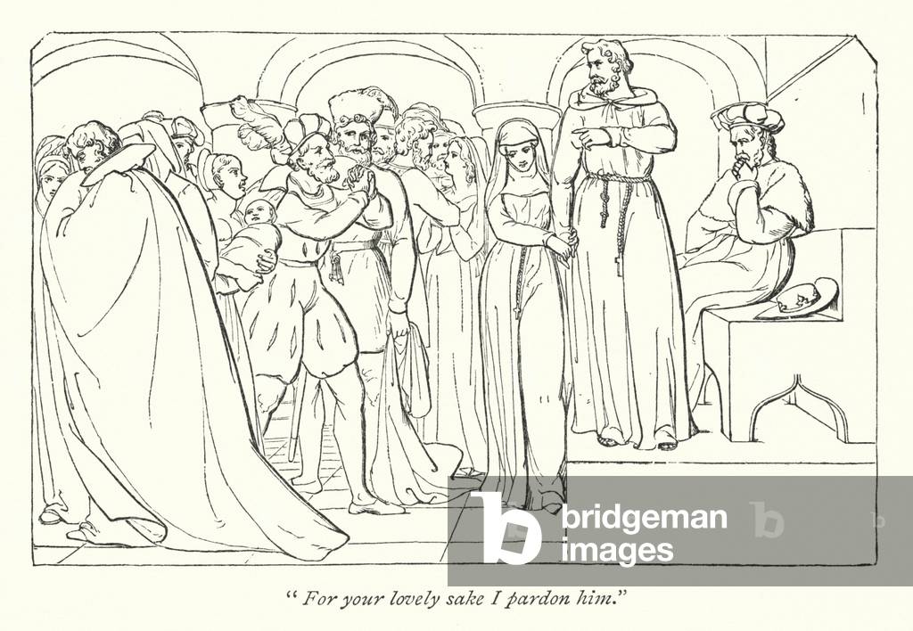 Shakespeare's Measure For Measure; Claudio pardoned by the duke (engraving)