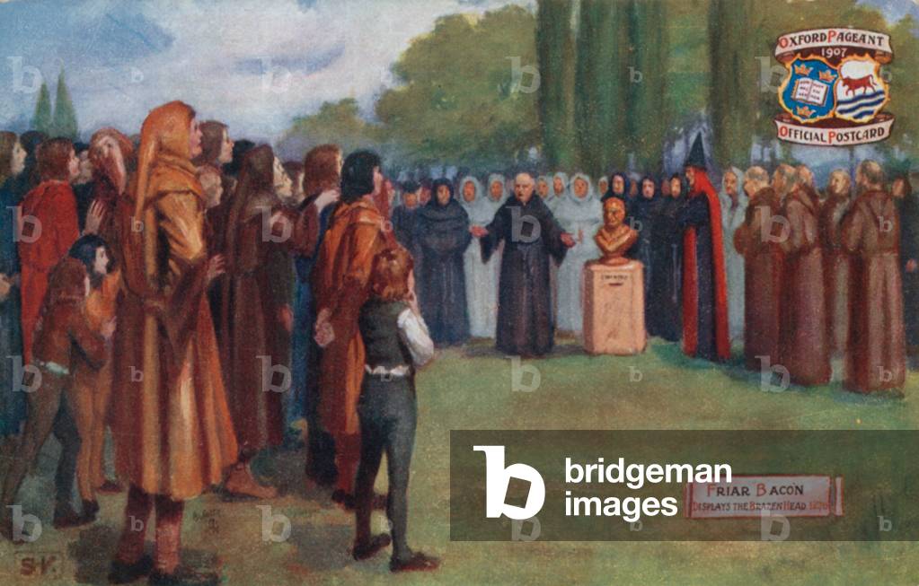 Friar Bacon displays the Brazen Head, 1270 (colour litho)