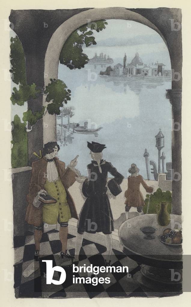 Illustration for Voltaire's Candide (colour litho)