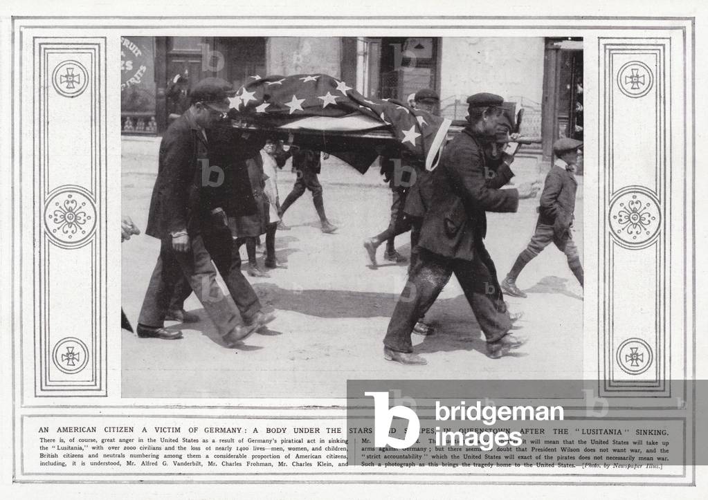 An American citizen a victim of Germany, a body under the stars and stripes, in Queenstown, after the Lusitania sinking (b/w photo)