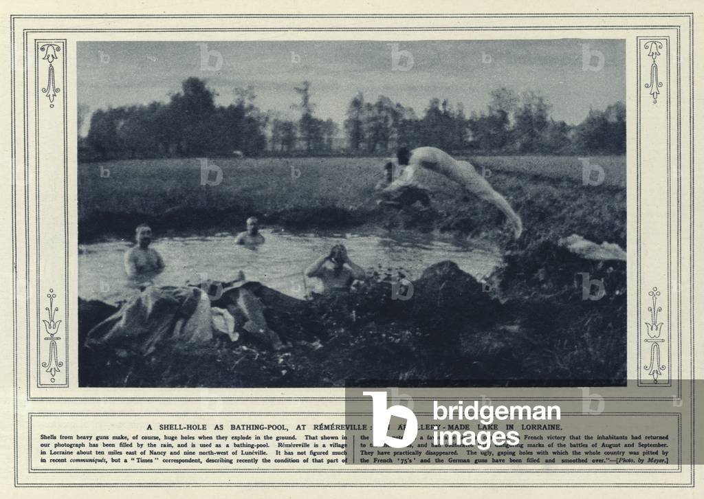 A shell-hole as bathing-pool, at Remereville, an artillery-made lake in Lorraine (b/w photo)