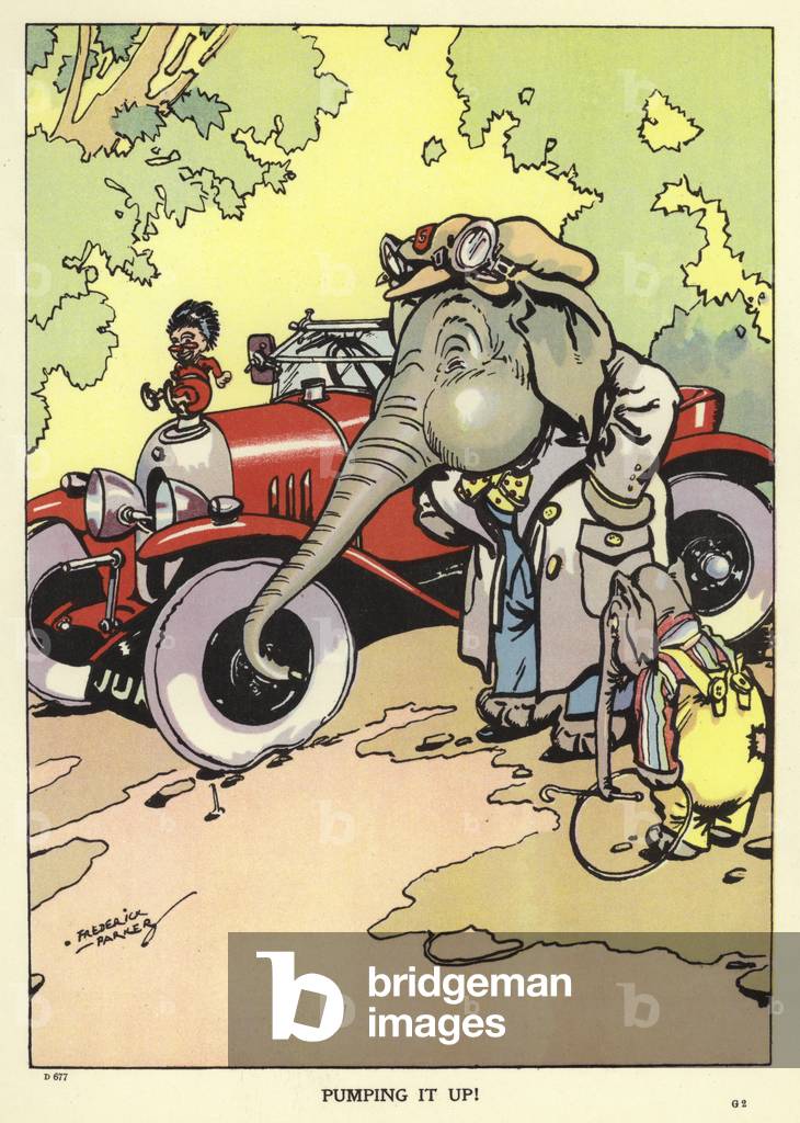 Elephant using his trunk to pump up a flat tyre on a car (colour litho)
