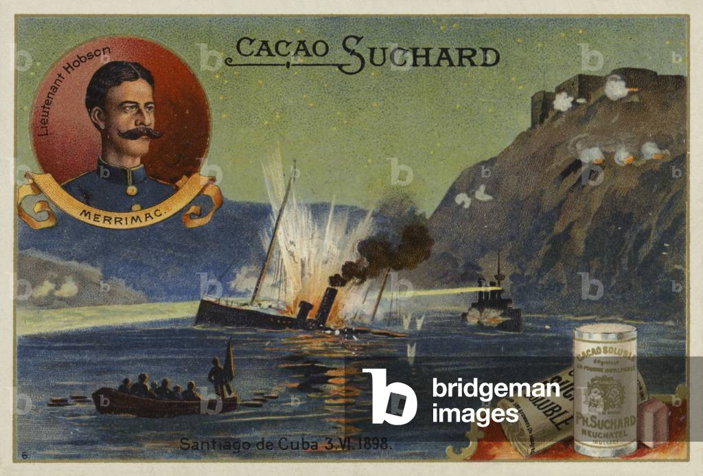 Lieutenant Richmond P Hobson and the sinking of the USS Merrimac, Santiago de Cuba, Spanish-American War, 3 June 1898 (chromolitho)