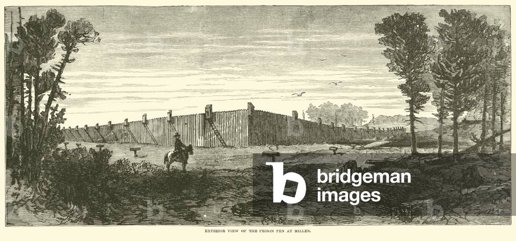 Exterior view of the Prison Pen at Millen, November 1864 (engraving)
