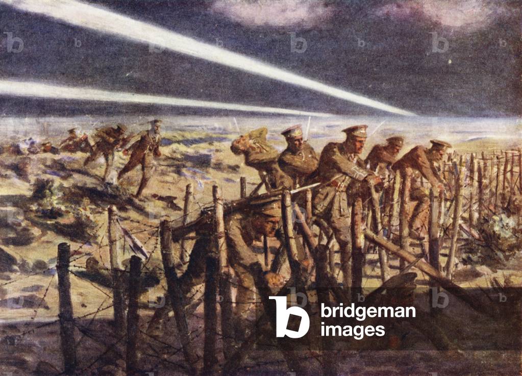 German searchlights and Very lights exposing temporary Second Lieutenant William Armitage and his party while cutting the enemy's wire entanglements, World War I (colour litho)