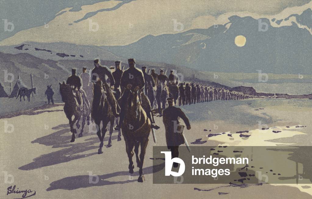 A Japanese Column marching on Port Arthur by Moonlight (chromolitho)