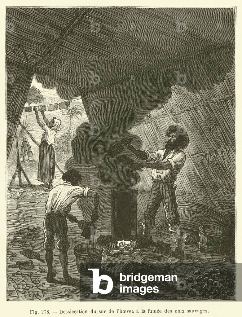 Dessiccation du suc de l'hoevea a la fumee des noix sauvages (engraving)