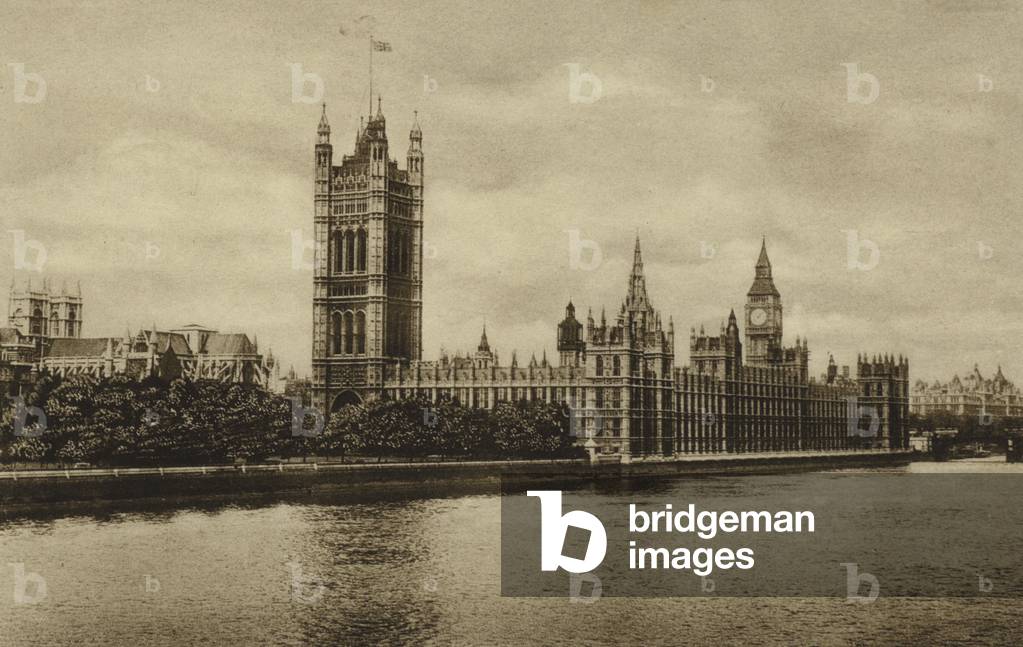 The Houses of Parliament, London, from the River (b/w photo)