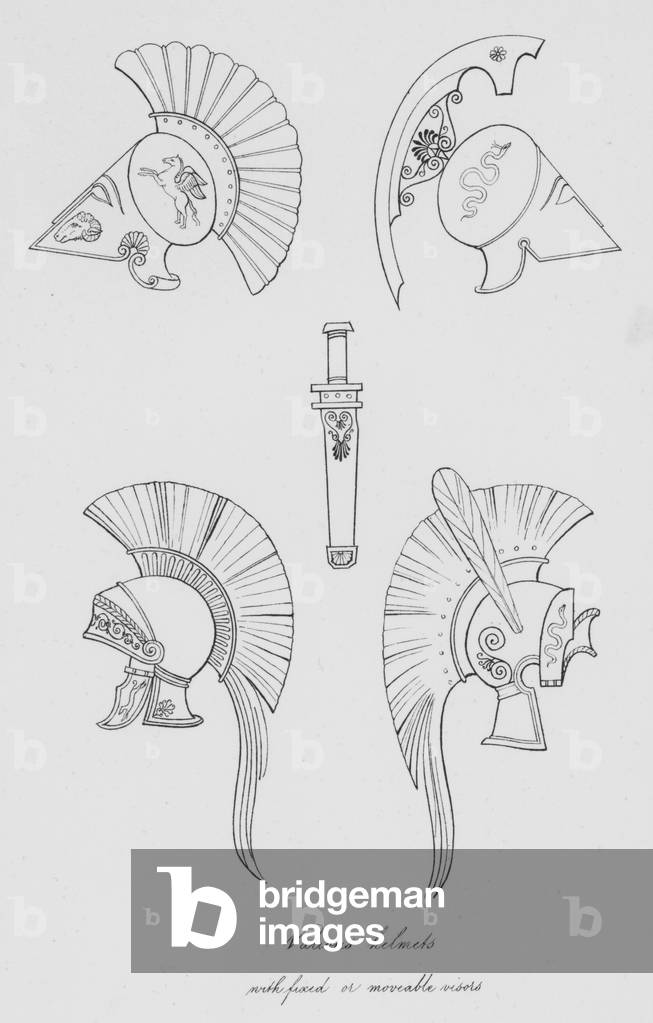 Various helmets with fixed or moveable visors (engraving)