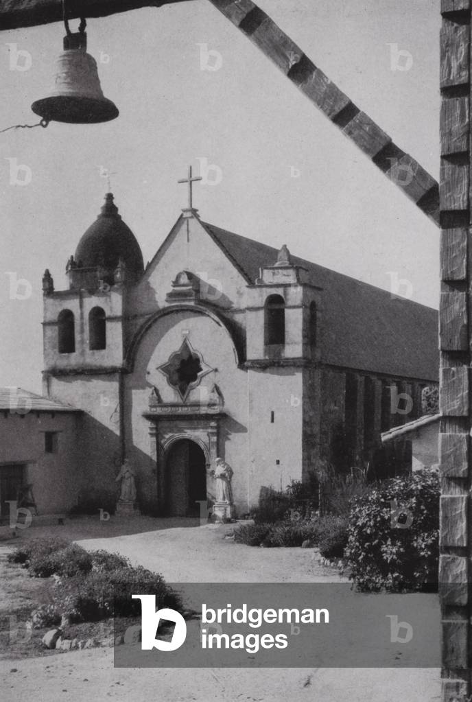 California: Carmel Mission, near Monterey, founded 1771, overlooking Carmel Valley (b/w photo)