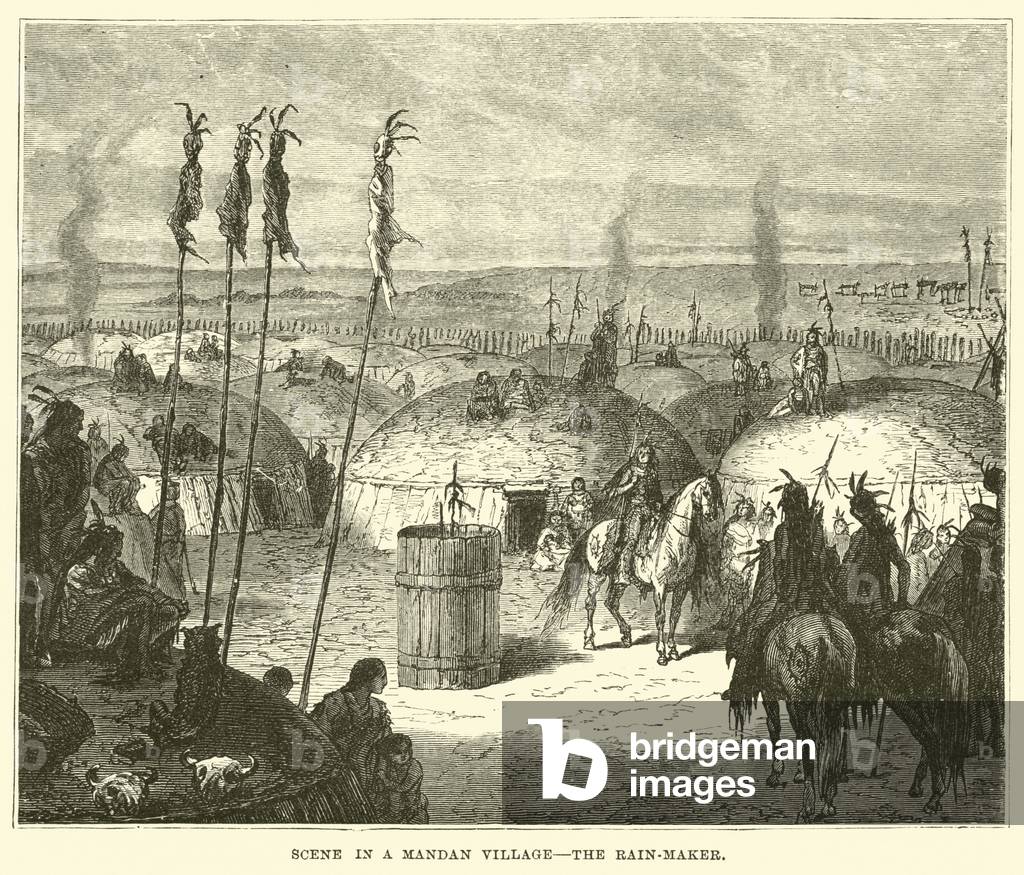 Scene in a Mandan village, the Rain-maker (engraving)