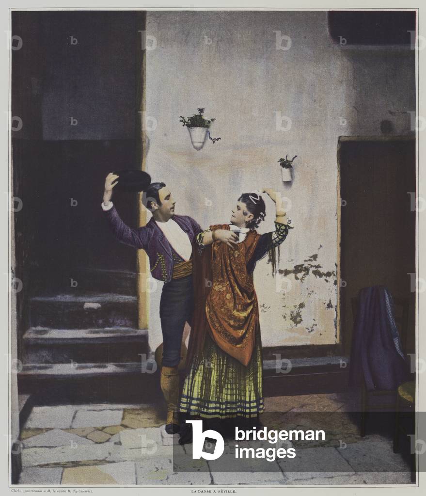 Spanish dancers in Seville (colour litho)
