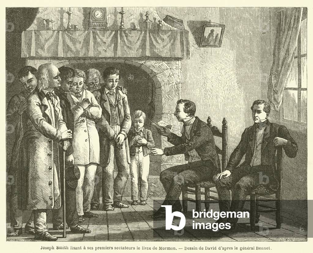 Joseph Smith lisant a ses premiers sectateurs le livre de Mormon (engraving)