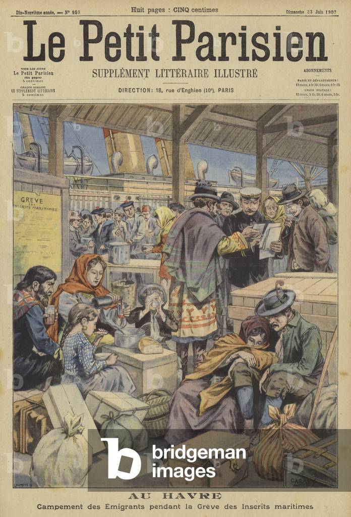 Emigrants to North America standed at Le Havre by a shipping strike (colour litho)