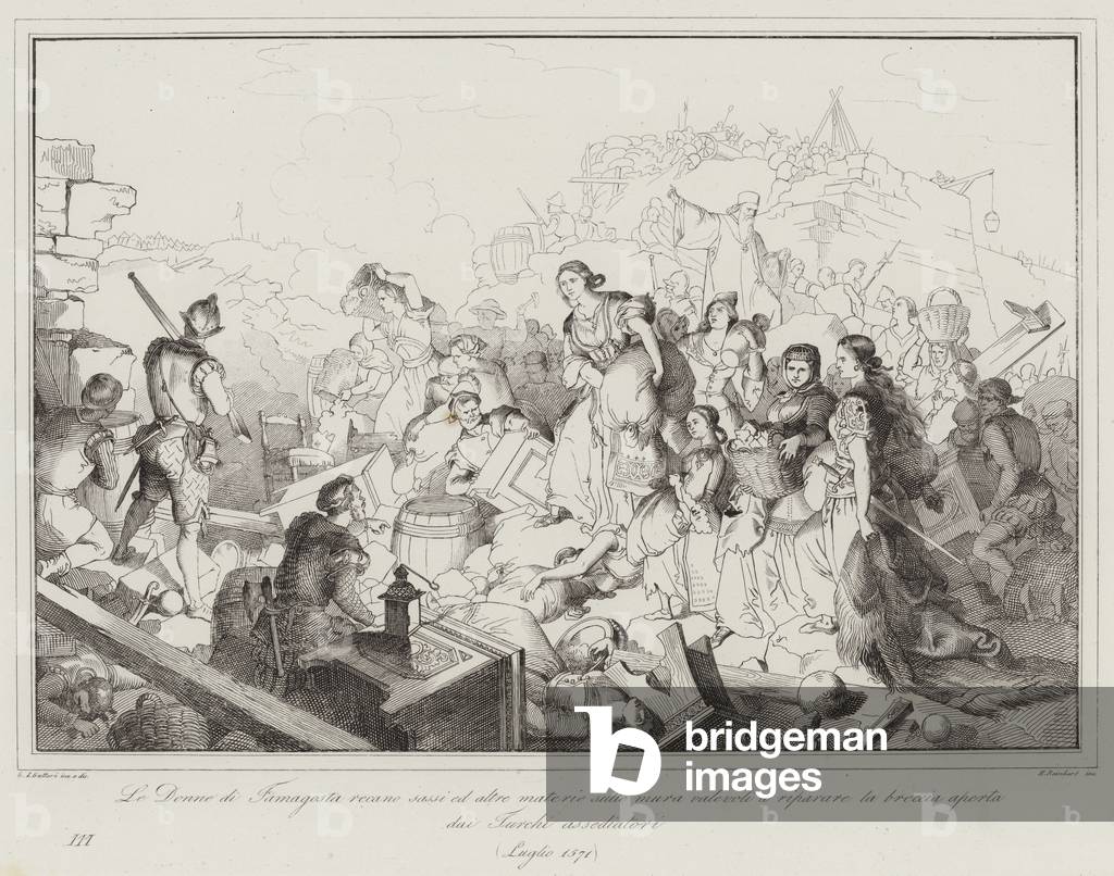 Le Donne di Famagosta recano sassi ed altre materie sulle mura valevoli a riparare la breccia  (engraving)