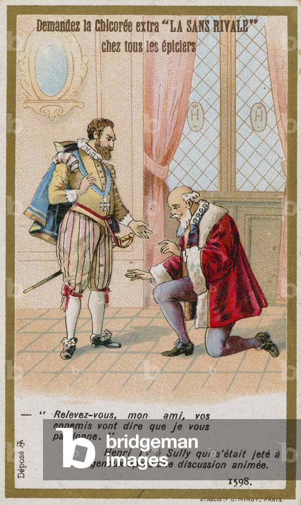 Trade card depicting the response of King Henry IV of France to the Duke of Sully (chromolitho)