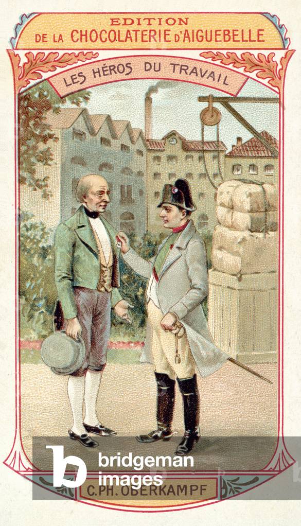 Napoleon awarding the Legion d'Honneur to French industrialist Christophe-Philippe Oberkampf, 1806 (chromolitho)
