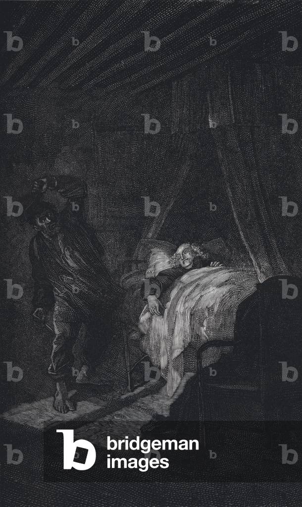 Scene from Les Miserables, by Victor Hugo: Jean Valjean's terrible temptation (engraving)