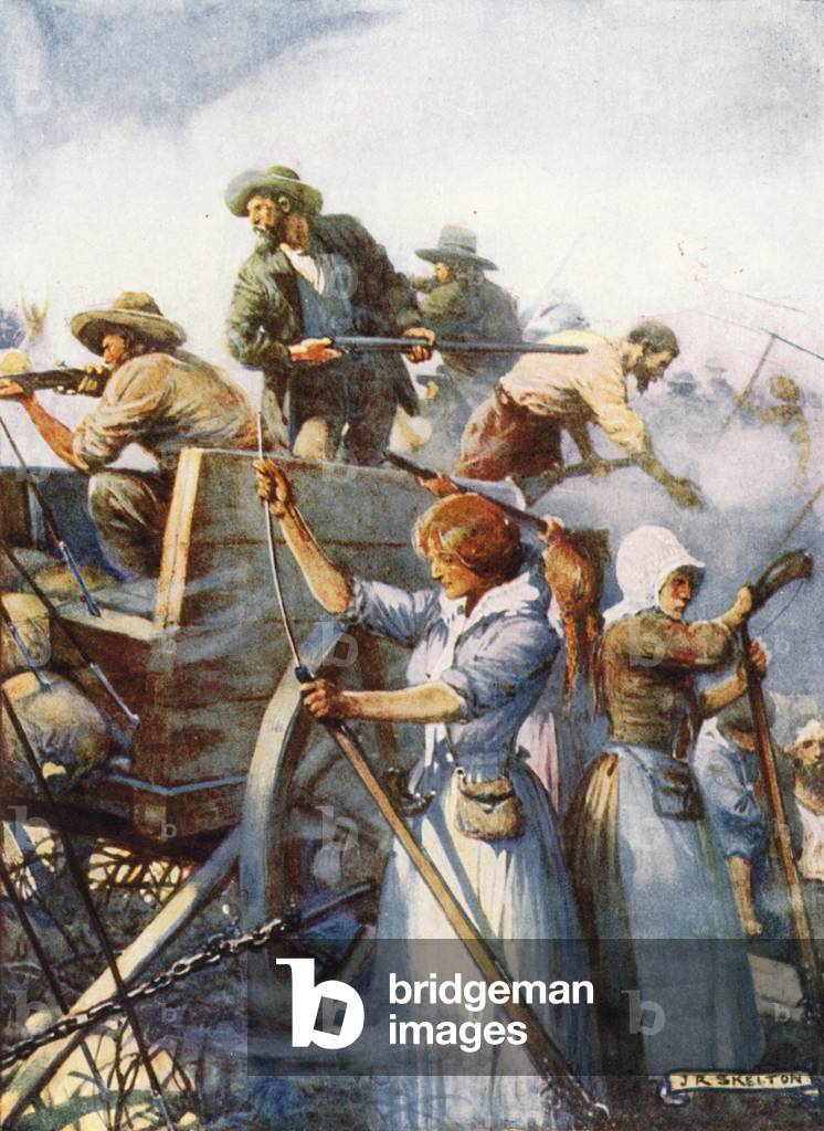 Beside them stood the women quietly loading guns (colour litho)