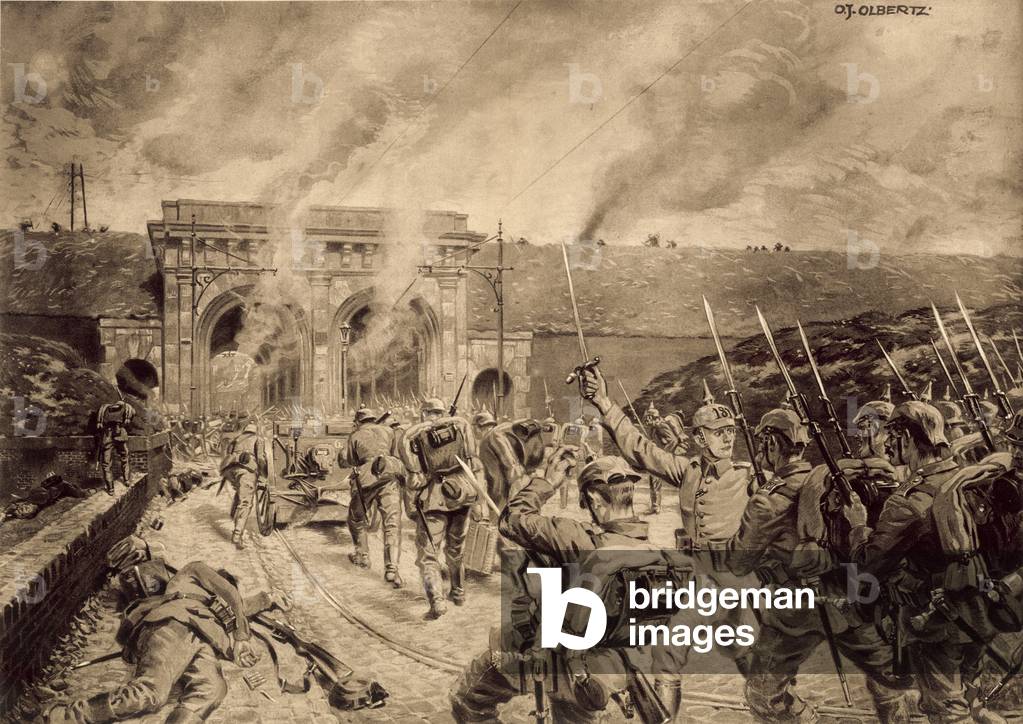 German troops attacking the Porte du Douai in Lille on 12 October 1914 (litho)