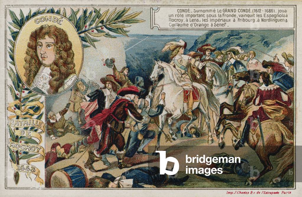 Trade card with an image depicting the Battle of Rocroi (chromolitho)