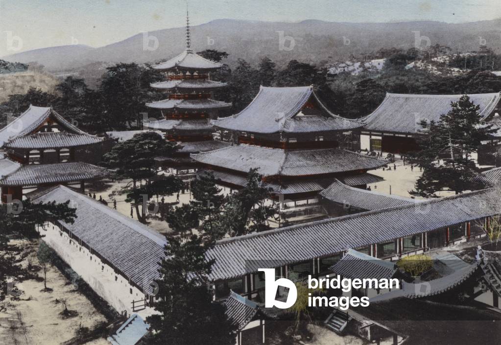 Japan, c.1912: Horyu-ji, the oldest Buddhist temple in Japan, built about 1300 years ago, Yamato (photo)